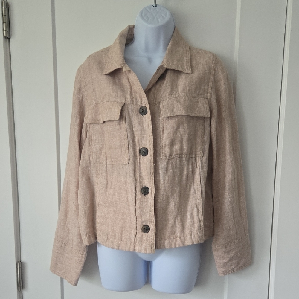 Nicole Miller Tan Pink Utility Jacket Classic Collar Relaxed Fit